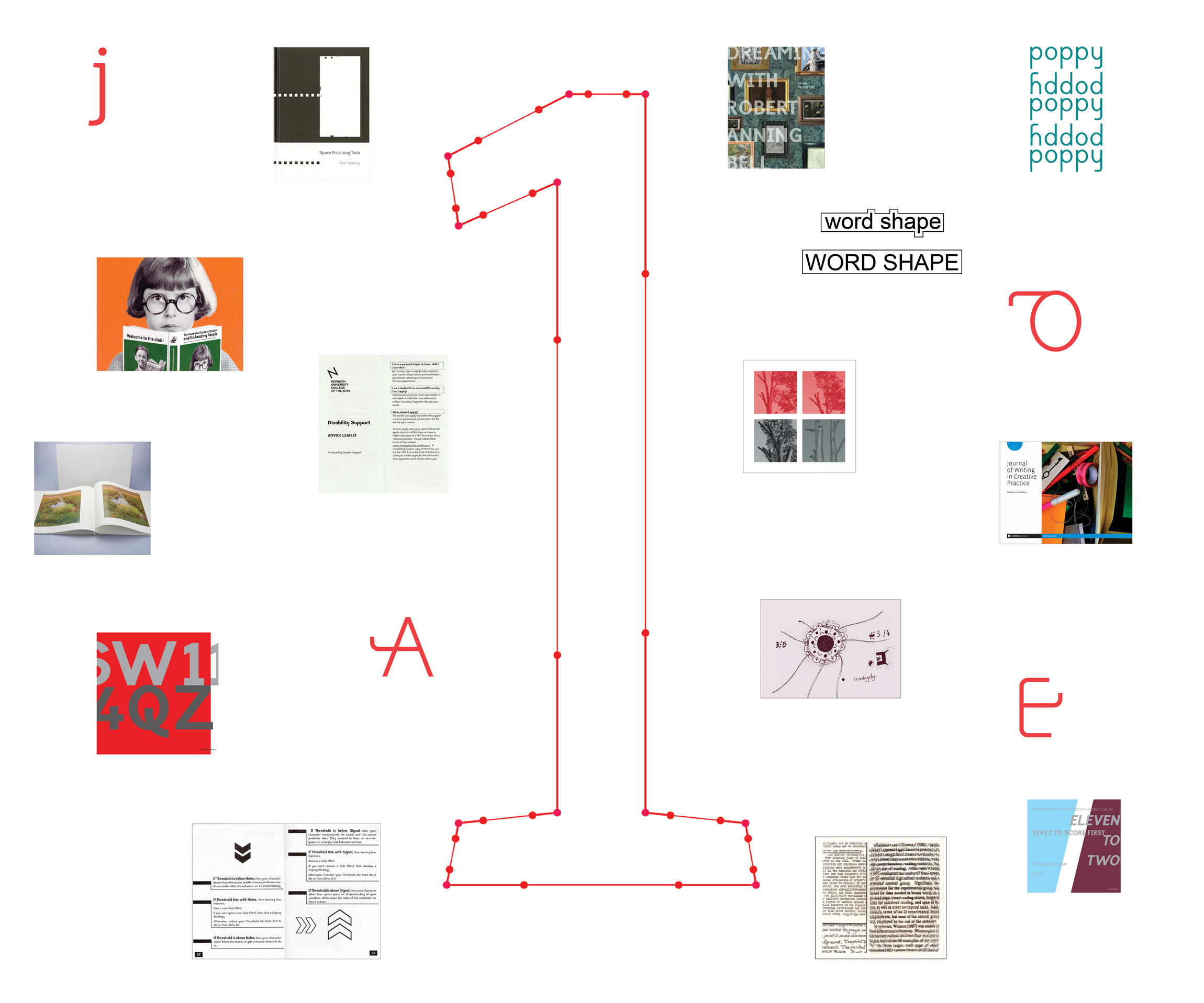 Large background image number 2, made-up of small thumbnail images of work featured on this website. Mainly photographs of books, publications, artworks, letter designs and book covers. In the middle is a very large red outline of a letter showing the Bezier points of a letter from the Sylexiad typeface family