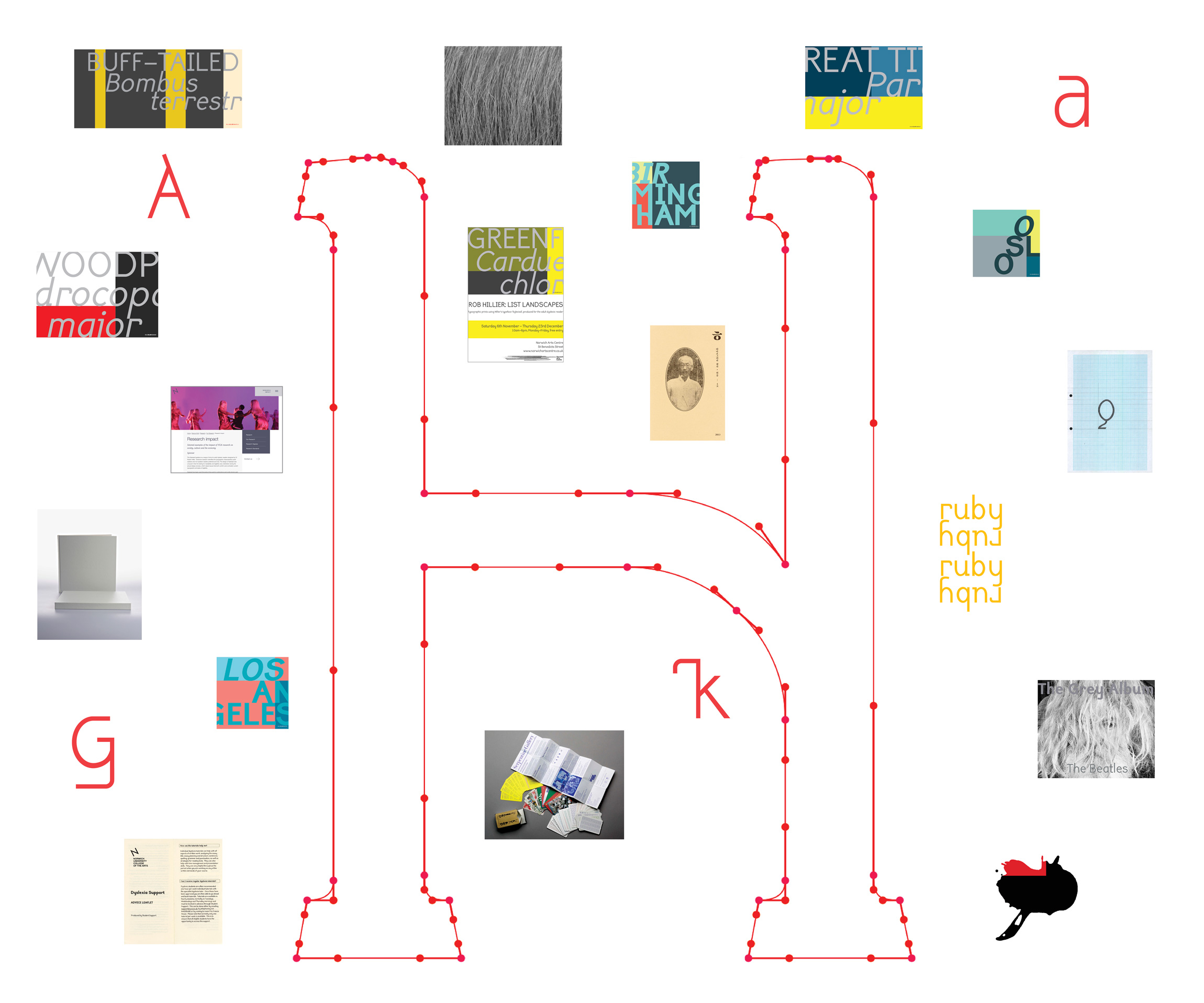 Large background image number 1, made-up of small thumbnail images of work featured on this website. Mainly photographs of books, publications, artworks, letter designs and book covers. In the middle is a very large red outline of a letter showing the Bezier points of a letter from the Sylexiad typeface family