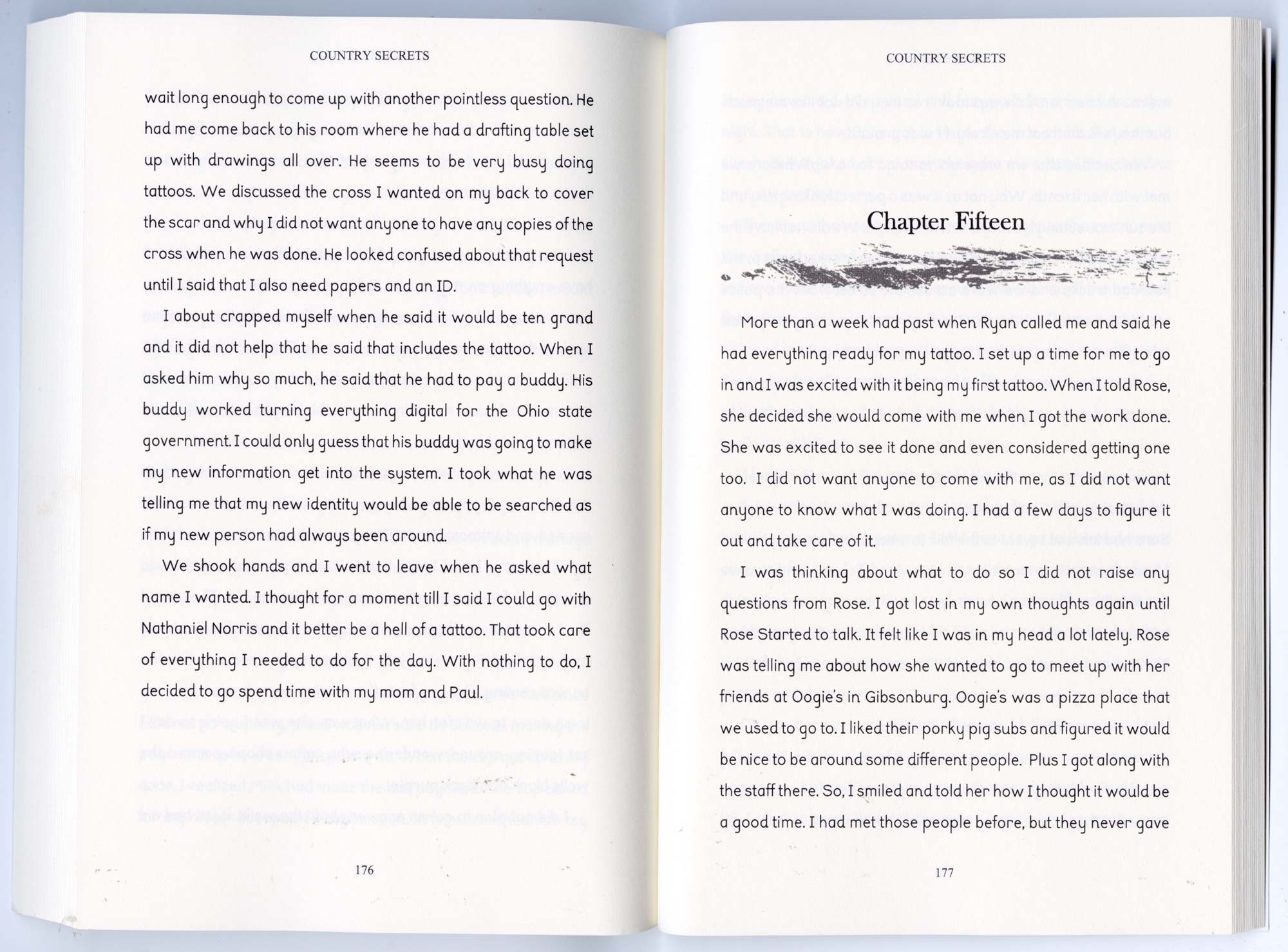 A book double page spread, with cream paper, the body text on the left with body text on the right and a main heading ‘Chapter 15’ above