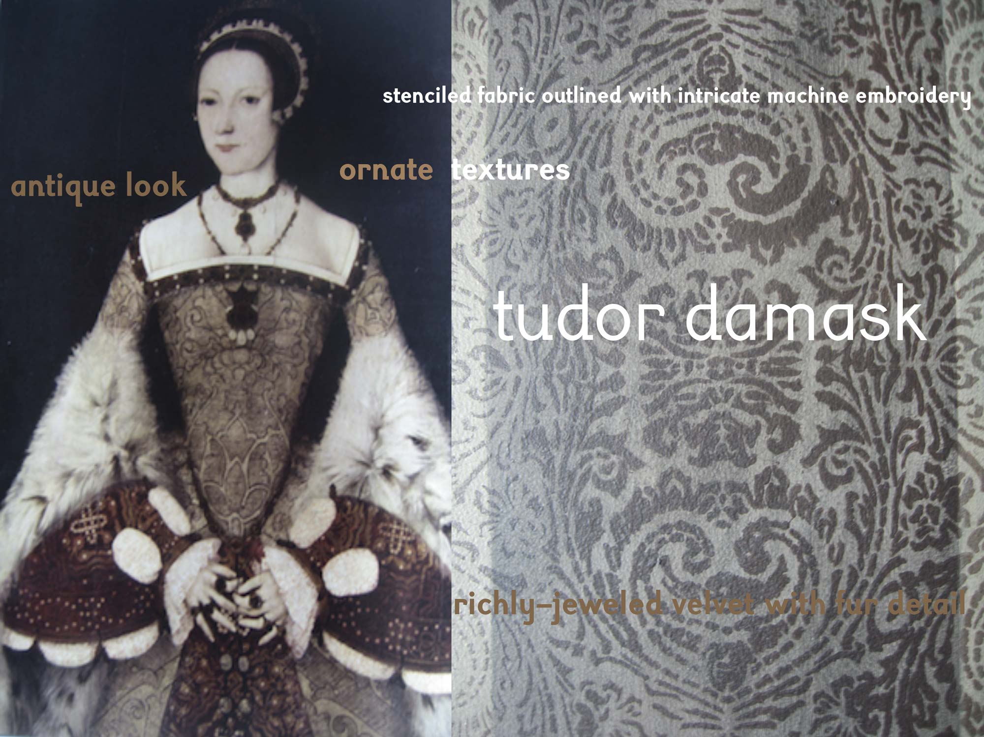 An old portrait painting of a Tudor woman on the left, then grey old Victorian wallpaper in the background on the right page, with white text over it