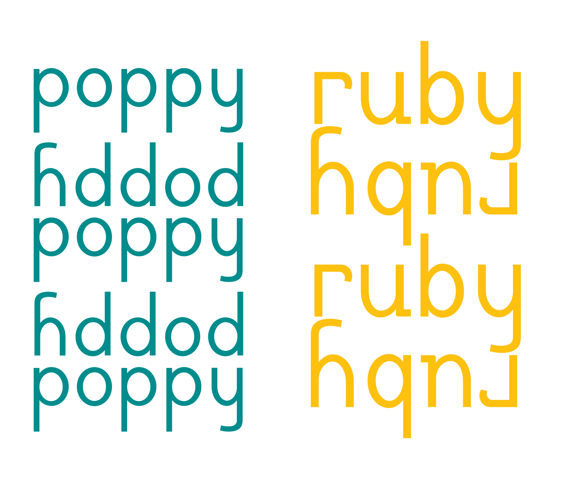 The word ‘poppy in dark green on the left, then ruby’ in dark yellow on the right