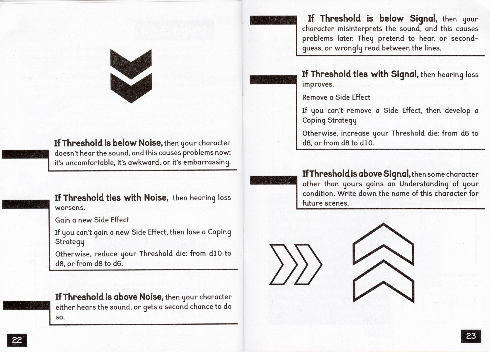 Paragraphs of body text spaced, then various black rules and black bar devices underneath the paragraphs of text. Various arrows used