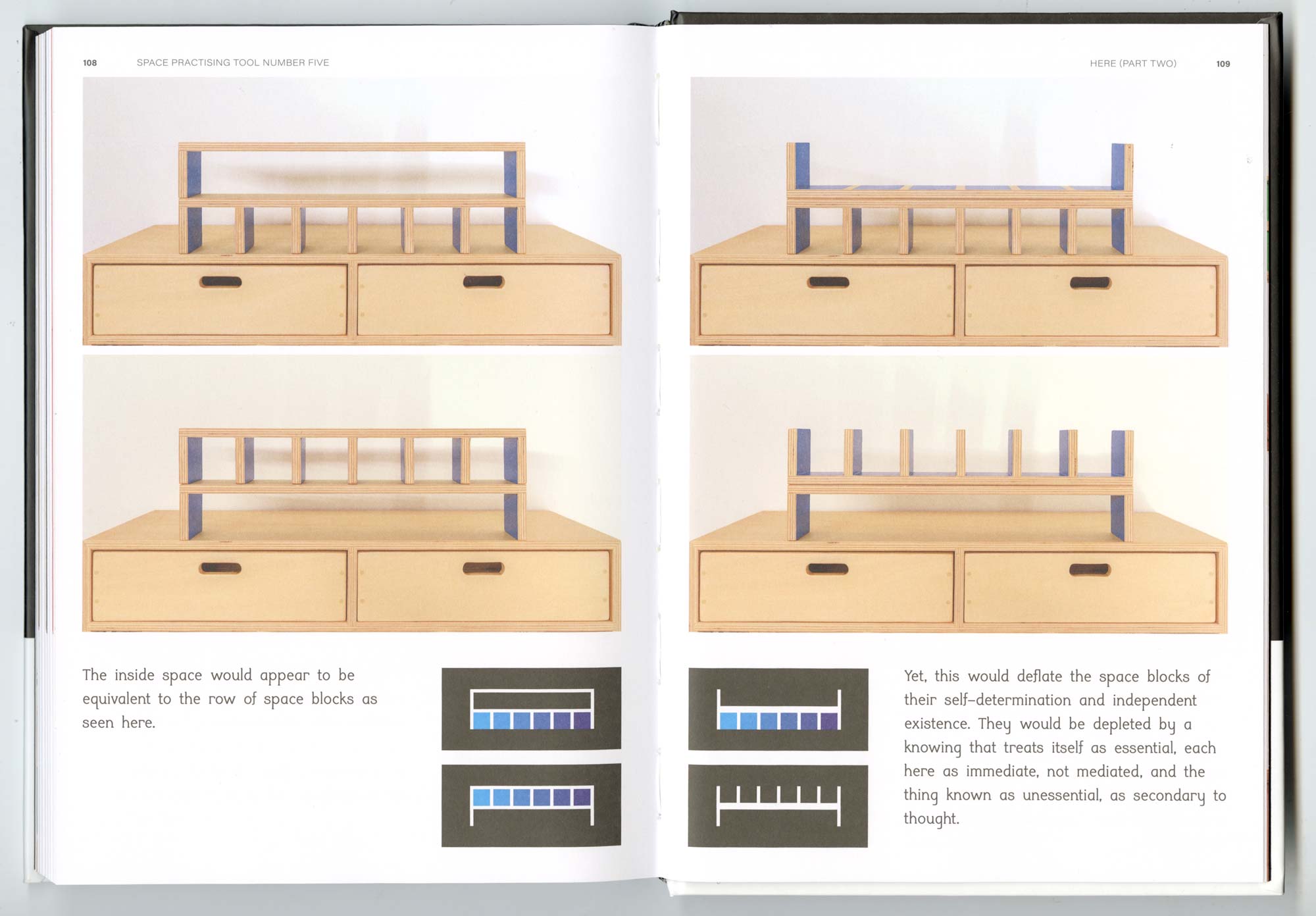 Double page spread, shows to photos of a wooden cabinet, one above and one below, then a paragraph of text below. On the right page, shows the same