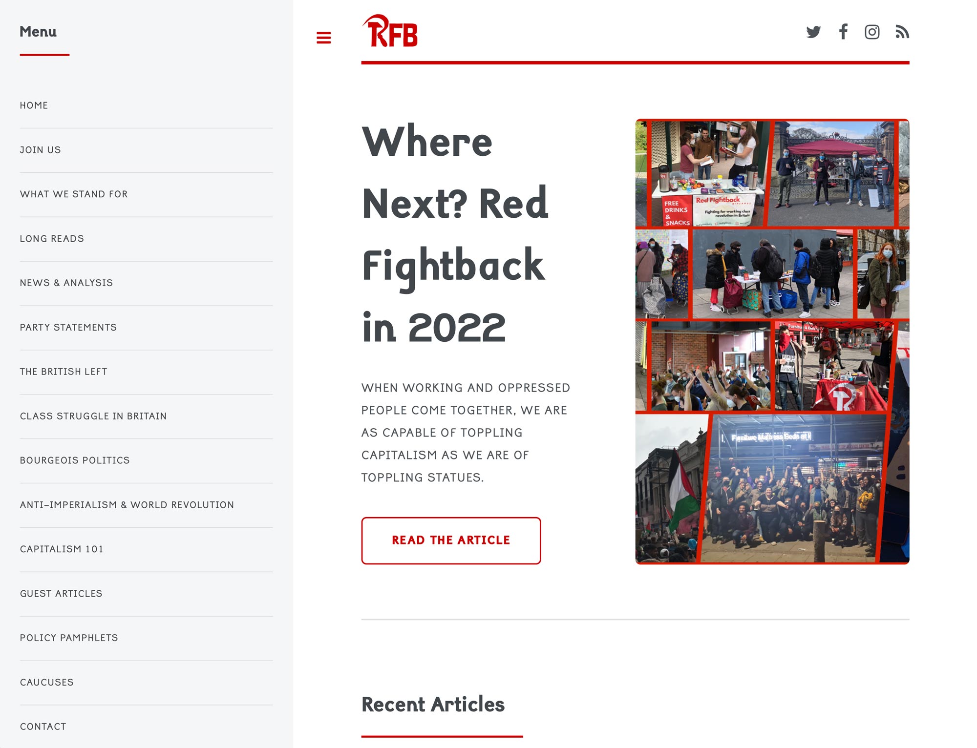 A screengrab of the website, has a grey navigation menu on the left, with a large main article title at the top on the right, then body text below, and photos of groups of people on the right