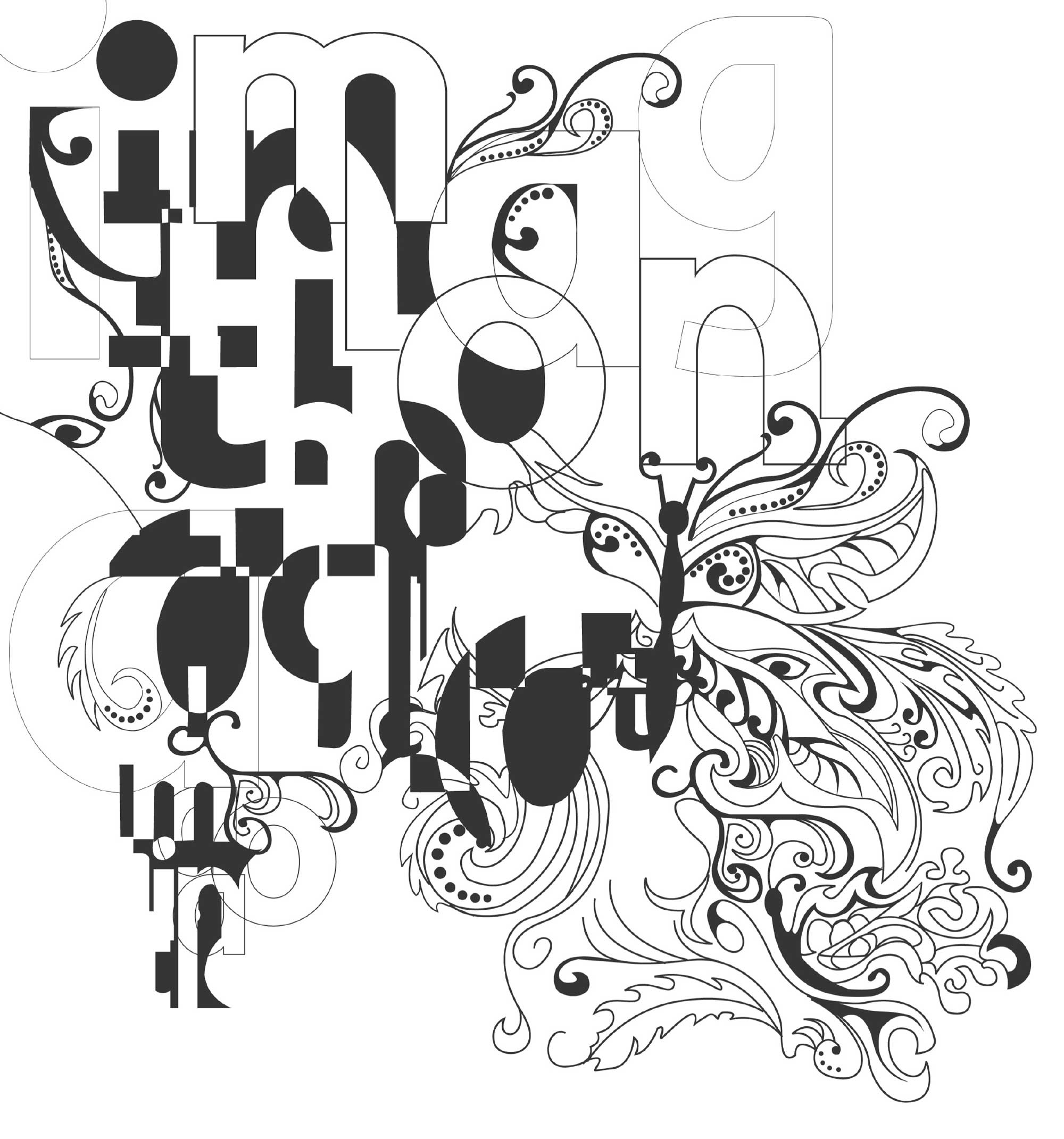 A black and white line drawing and artwork, with the word ‘imagination’ and flowers coming out of it