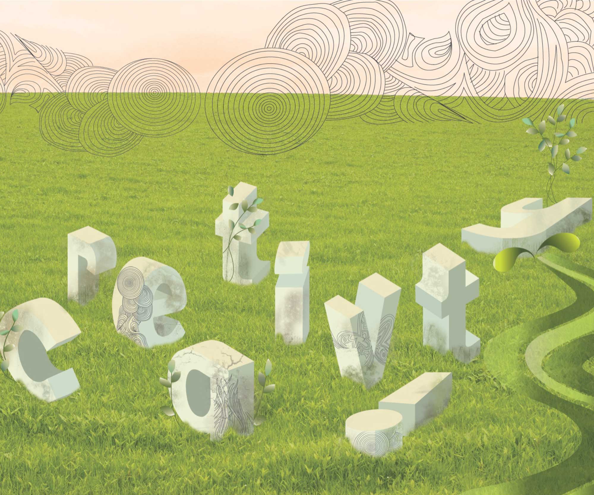 The word ‘creativity’ in large white 3D letters on a grass/field and mountains made out of line circles in the background