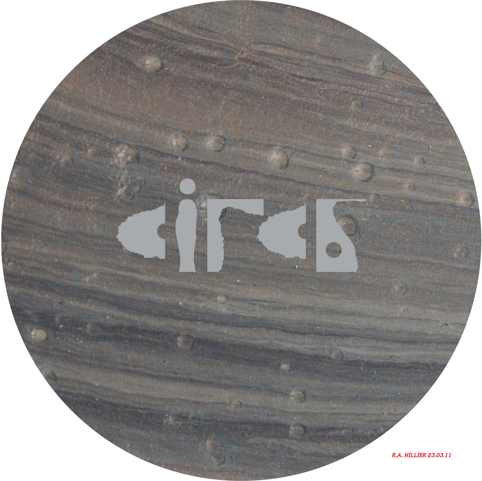 A circle with a wood background on a white square page, shows the text ‘CIRCS’ in the middle made out of inkblot splashes