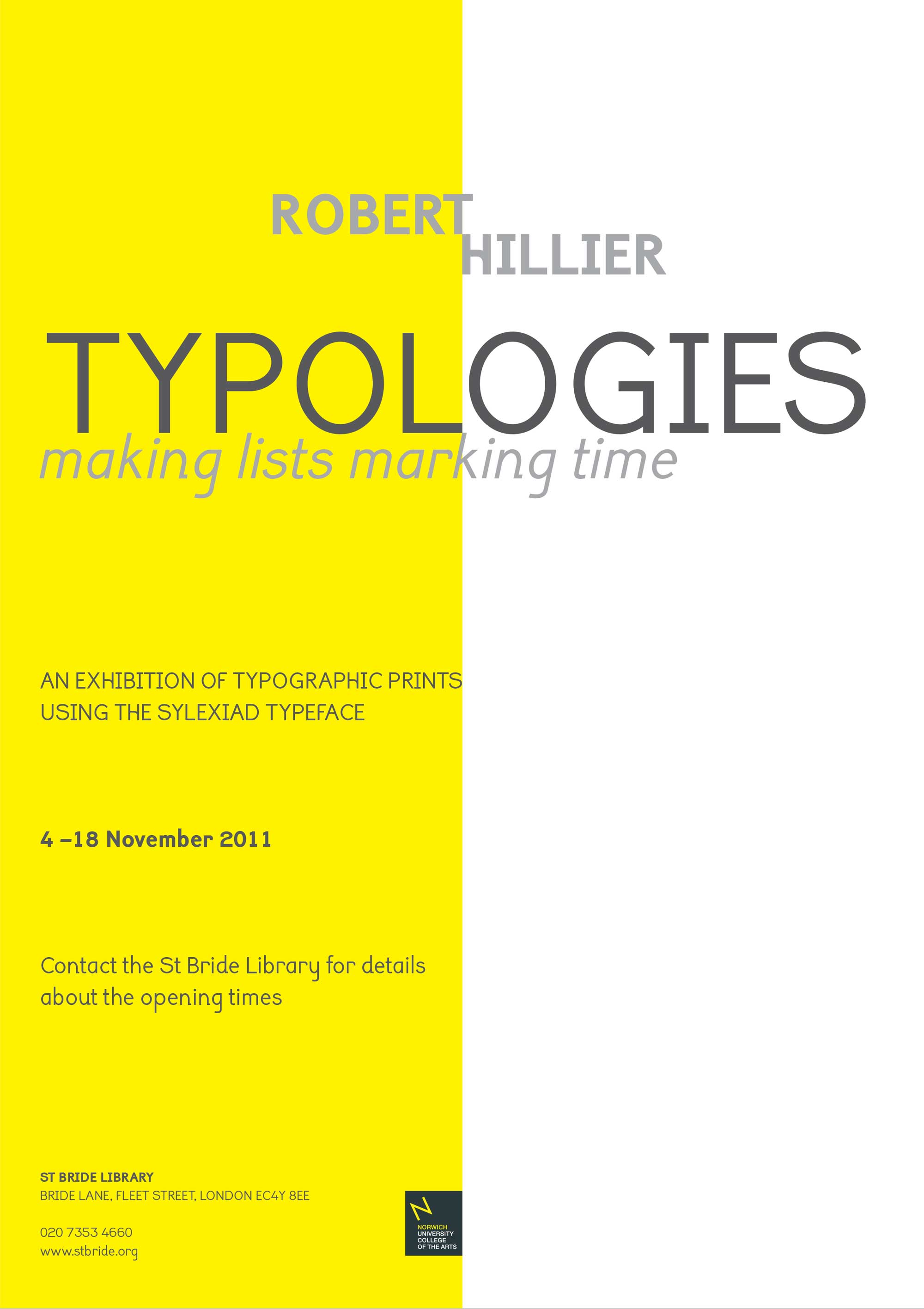 A poster design, shows the portrait page, split down the middle, yellow background on the left and white on the right. The text ‘Typologies’ in large dark grey text at the top