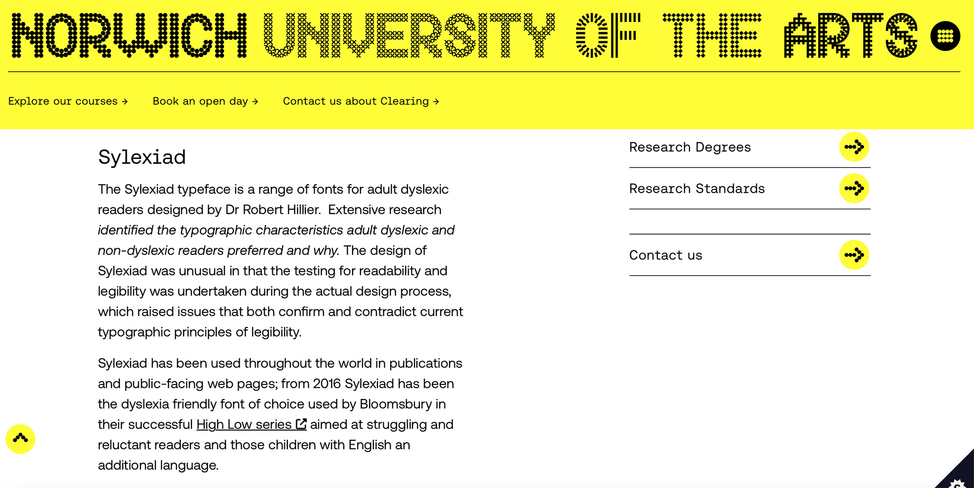 Norwich University of the Arts webpage screengrab, shows a bright yellow banner with the University logo, with standard body text article below in a black typeface